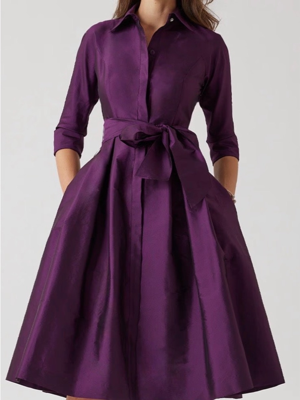 Teri Jon Deep Purple Button-Front Midi Dress with Waist Tie